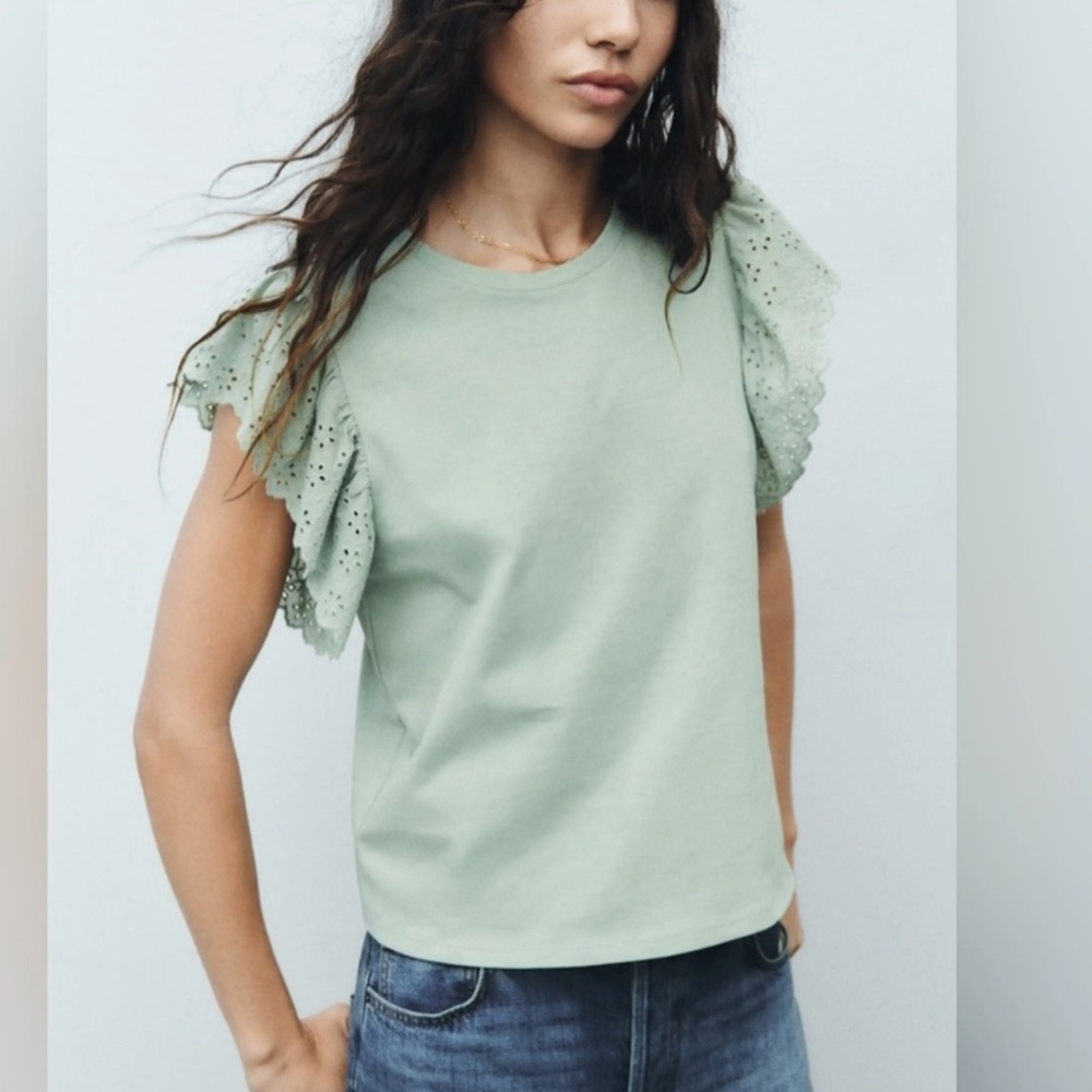 NWT Zara Green Day Ruffle Short Sleeves Round Neck Top T Shirt Size M
